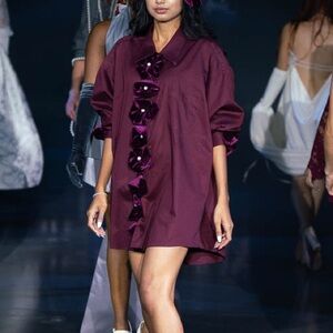 Elegant Burgundy Oversized Shirt with Flower Button Details